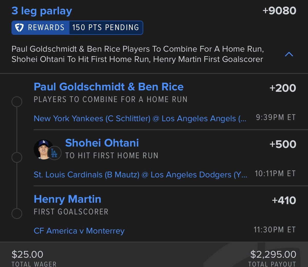 FLIPKINGLOCK's tweet photo. 🔥 3-LEG PARLAY 🚨

We’re chasing a +9080 monster tonight! 💰👀

⚾️ Goldschmidt & Ben Rice — To Combine For A HR
⚾️ Shohei Ohtani — First HR
⚽️ Henry Martín — First Goalscorer

💵 $25 ➡️ $2,295 PAYOUT 💰

 👀🔥
LET’S CASH! 🤑🔒

#MLB #SportsBets #Parlay #BettingTwitter #SoccerBets