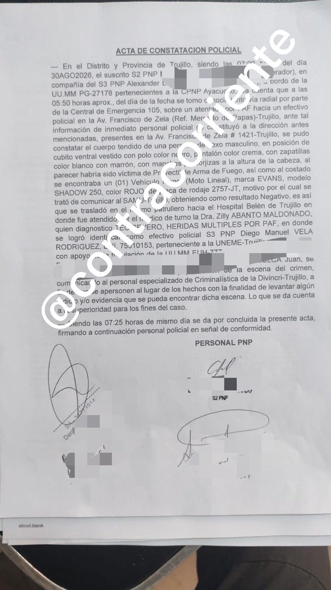 una_reportera's tweet photo. Llama la atención la muerte de Diego Manuel Vela Rodríguez, policía que fue herido de muerte por PAF (proyectil de arma de fuego) 2 horas después del atentado de trujillo. 

Llama más la atención que el jefe pnp de la Libertad diga que fue un accidente. https://t.co/yK5JbhodMh
