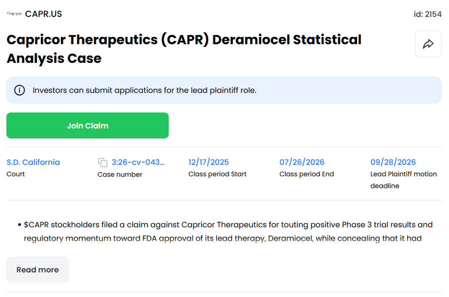 11thestate's tweet photo. In light of the recent news around $CAPR — here’s something else worth knowing.
There’s currently an active case against $CAPR, which could potentially help recover some losses.
If things move forward, this could turn into a double win. #CAPR #Capricor https://t.co/c10H5TzIpb