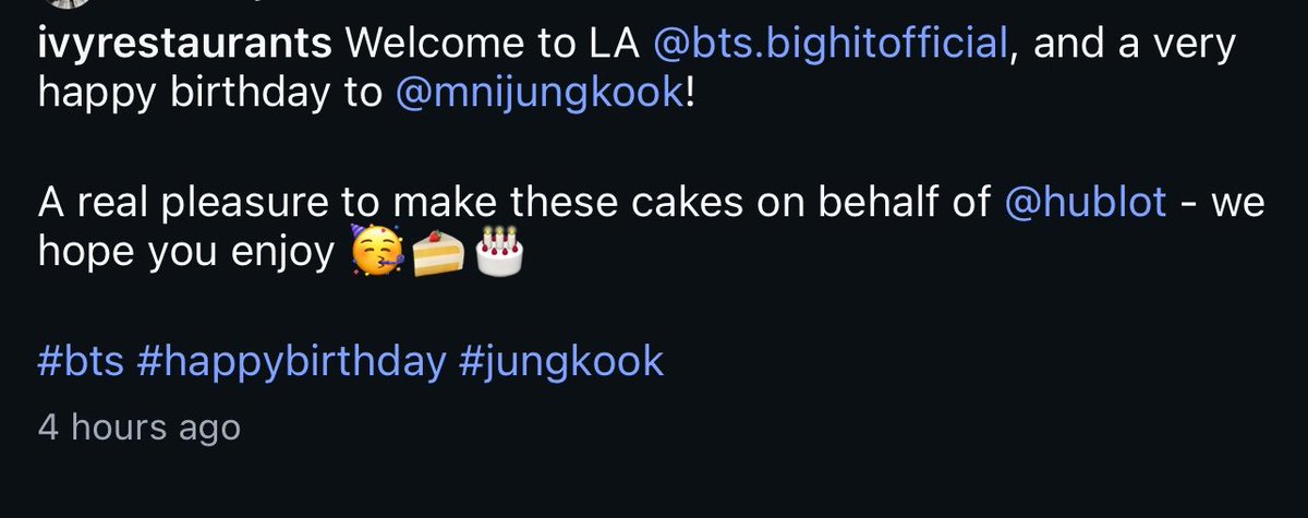 jkcolector's tweet photo. OUR BELOVED AMBASSADOR JUNGKOOK 🫶

hublot sent jungkook a cake to celebrate his birthday and another to welcome bts to LA 💘 https://t.co/qiagRujHd5