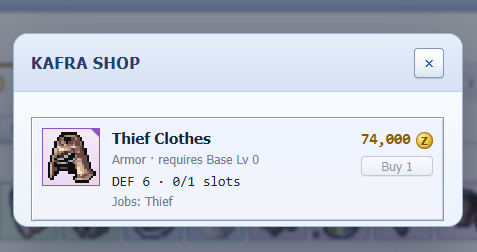 CrustHood's tweet photo. Just picked up these Thief Clothes from Kafra Shop in @IdleROGame! 🗡️ The DEF 6 and 0/1 slots look useful for my Thief build, and I’m excited to see how much it helps while leveling. https://t.co/7doCyeoxet