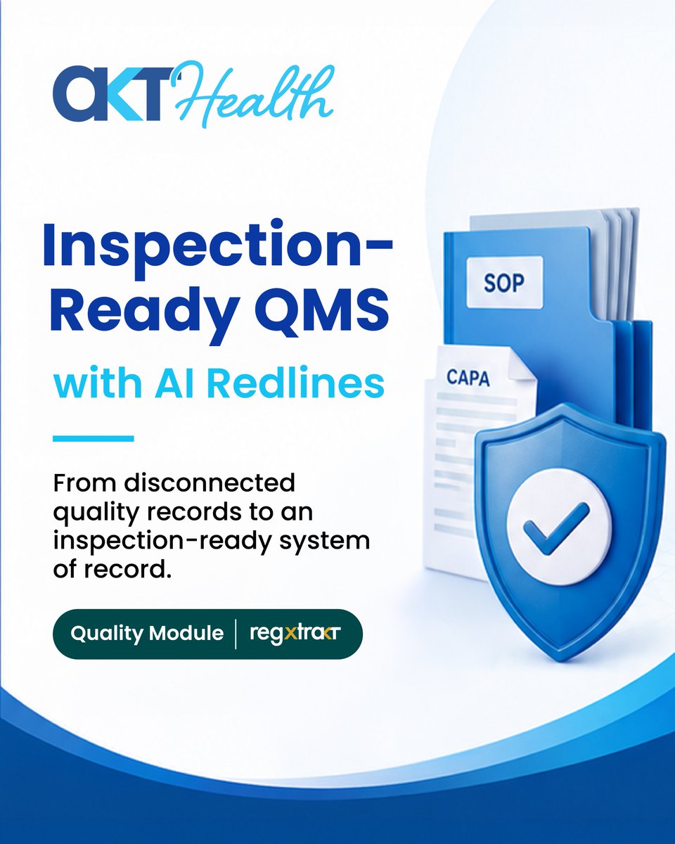 AKTHealth's tweet photo. Preparing for inspections shouldn't mean chasing documents.
With @RegXtrakt__
✅ Part 11 document control
✅ #AI-assisted redline summaries
✅ Mandatory #CAPA effectiveness gates
✅ Live dossier evidence
✅ One evidence foundation for #PMDA & US FDA
Inspection-ready, every day. https://t.co/7t2AYGOn2Q