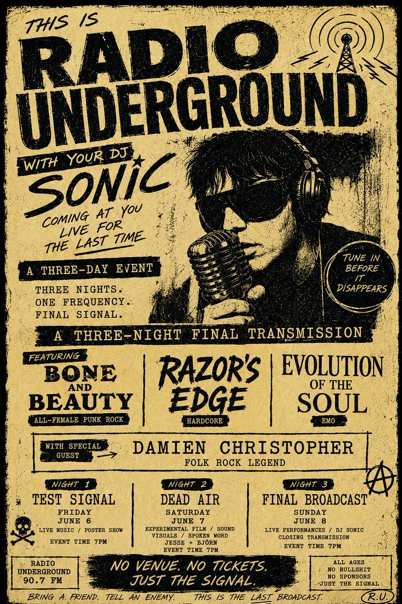 AshleyHaught_'s tweet photo. RADIO UNDERGROUND — a three-night poster campaign built around the final transmission of a fictional underground station. Raw photocopy textures, distressed type, shifting color systems, and one last signal before the lights go out.

#GraphicDesign #PosterDesign #tampa https://t.co/0fUPA4VWEs