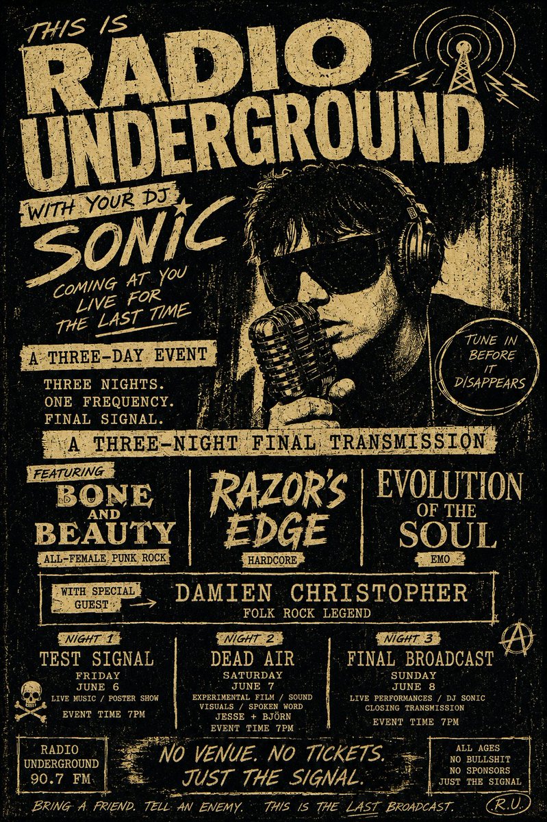 AshleyHaught_'s tweet photo. RADIO UNDERGROUND — a three-night poster campaign built around the final transmission of a fictional underground station. Raw photocopy textures, distressed type, shifting color systems, and one last signal before the lights go out.

#GraphicDesign #PosterDesign #tampa https://t.co/0fUPA4VWEs