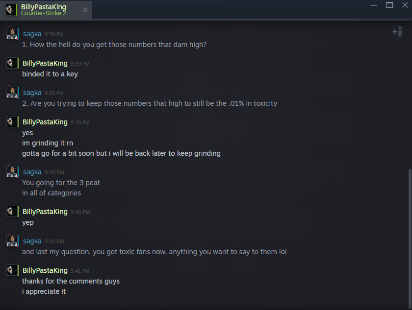 itzsagka's tweet photo. 🚨 EXCLUSIVE INTERVIEW 🚨

I managed to get a 1-on-1 interview with the most toxic man in CS2 chat logs 😭

BillyPastaKing confirmed he’s still grinding to keep those numbers up and is officially going for the 3-peat across all 3 toxicity categories. 💀 https://t.co/FmzsuYt2BM