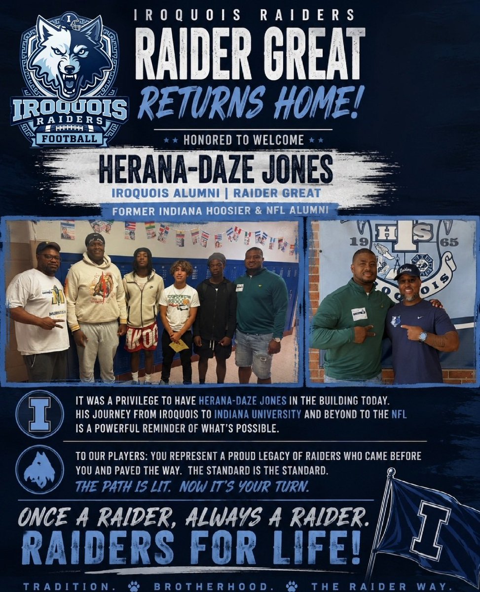 IHSRaidersFB's tweet photo. 🐺 RAIDER GREAT RETURNS HOME!

Honored to welcome Iroquois alum, Raider great, former Indiana Hoosier &amp; NFL alumnus Herana-Daze Jones back home today!

Once a Raider, Always a Raider. RAIDERS FOR LIFE! 💙🐺

#IroquoisRaiders #RaidersForLife #TheRaiderWay #RaiderLegacy https://t.co/6amSTuXv41