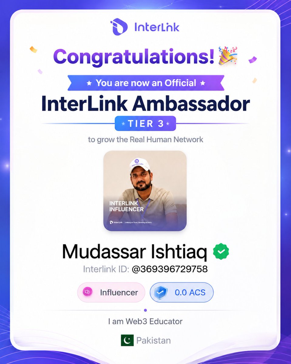 MudassarIshtiaq's tweet photo. 🎉 A New Milestone with InterLink! 🌐
I’m excited to share that I’m now an Official InterLink Ambassador — Tier 3! 🚀💜
Grateful for the trust and opportunity to contribute to the growth of the Real Human Network and help bring more people into the human-powered Web3 ecosystem.
The journey continues — Verify. Participate. Contribute. Grow. 🔗

Joining Link👇
https://t.co/oQcUP7iHuw

Referral Code: 369396729758

Video👇
https://t.co/rM5iI6sGQV

#InterLink #ITLG #ITL #Web3 #Ambassador #RealHumanNetwork