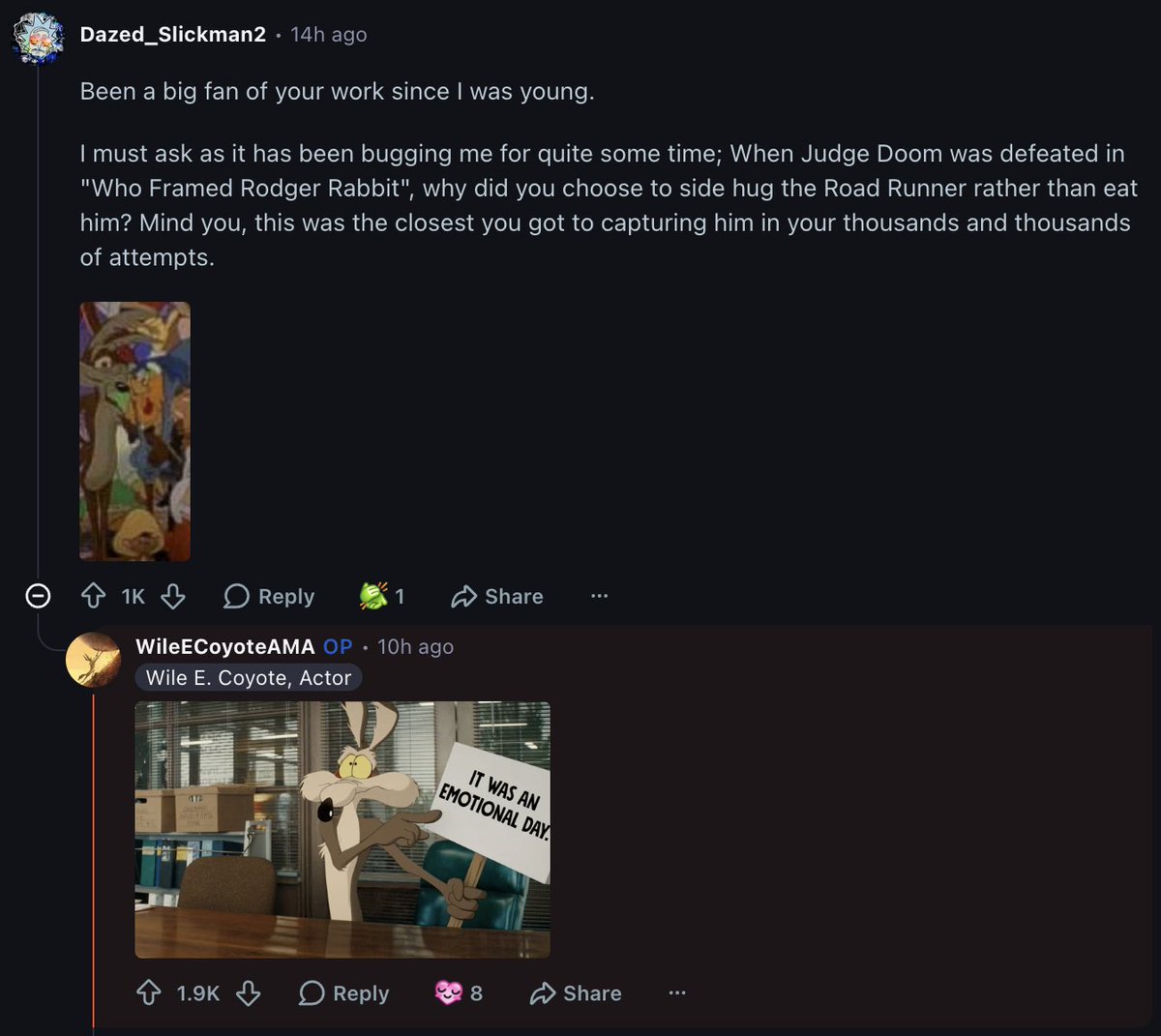 ShakExcellence's tweet photo. TIL Wile E. Coyote did a Reddit AMA today and I'm howling at these answers https://t.co/JVrZLHky4w