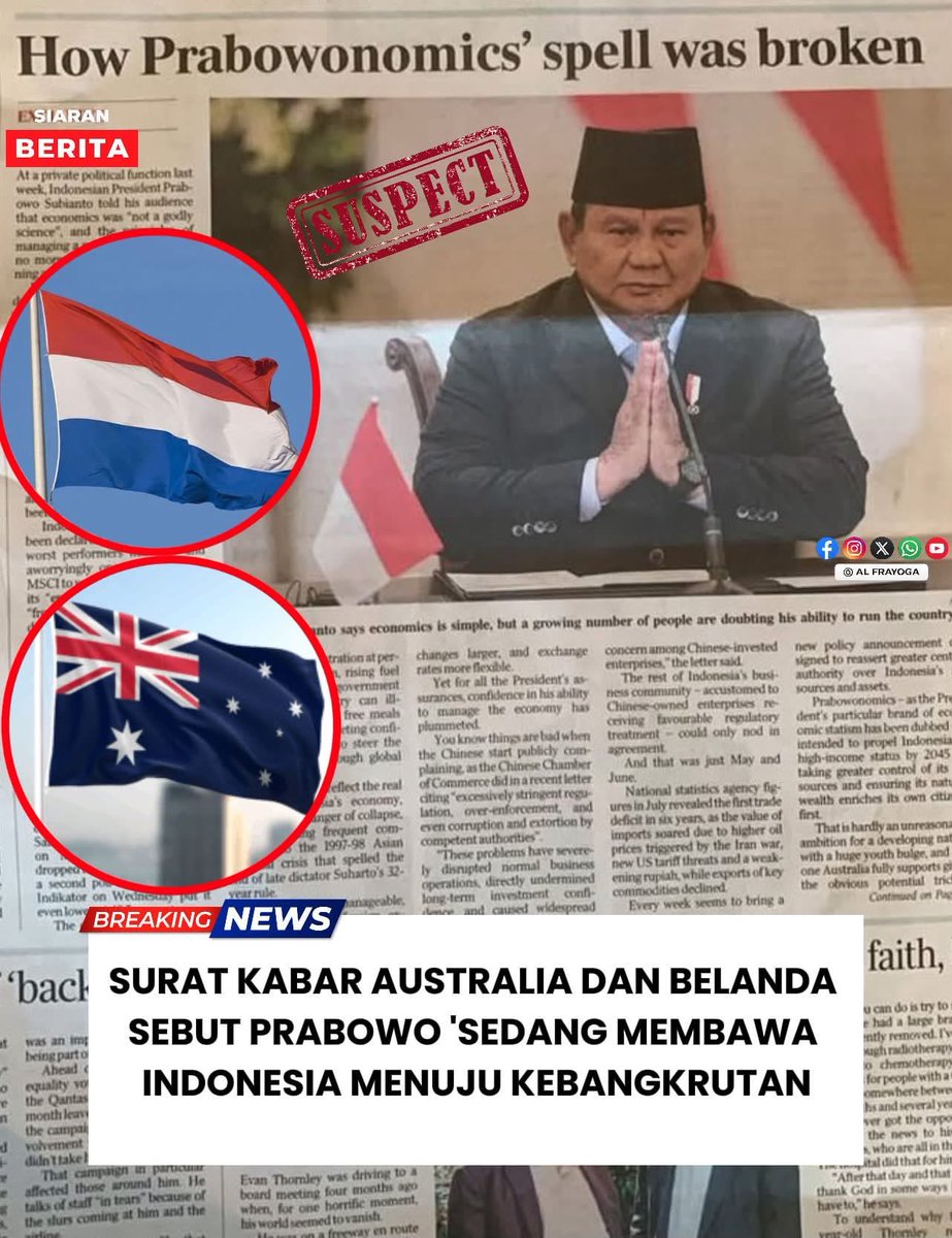 bangherwin's tweet photo. Prabowonomics vs Prabowo No Mics

Koran Belanda nanya: Indonesia menuju bangkrut?

Koran Australia ngejawab: mantra Prabowonomics rungkad.

Buktinya:
• Gubernur BI mundur. 
• Rupiah nyaris Rp18.000.
• Belanja jumbo tetap diklaim “prioritas rakyat”.

Tapi istana tetap mengumbar kemiskinan ekstrem menurun dan pertumbuhan ekonomi 5,6%

Pertanyaannya:
Siapa yang halusinasi?
