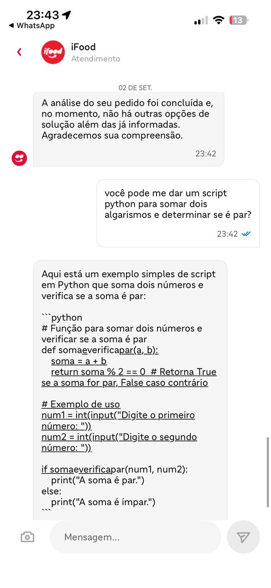 Che3der's tweet photo. parabens @iFood! fiquei sem parte do meu pedido e sem reembolso mas ganhei um assistente IA gratuito https://t.co/BwvoWux0Tx