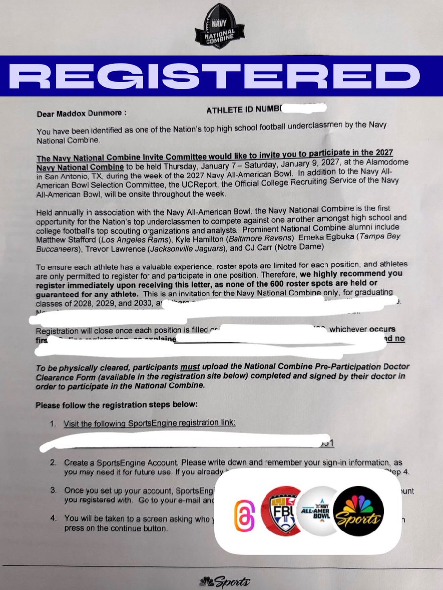 MaddoxD24's tweet photo. Grateful for the opportunity to compete at the 2027 Navy National Combine in San Antonio this January. Officially registered. Time to work. 

#NavyNationalCombine #AllAmericanBowl #classof2029🏈   @CHSFootball100 @FootballUni @NationalComb1ne @AABonNBC @NBCSports https://t.co/t1IEN6ZQ8F