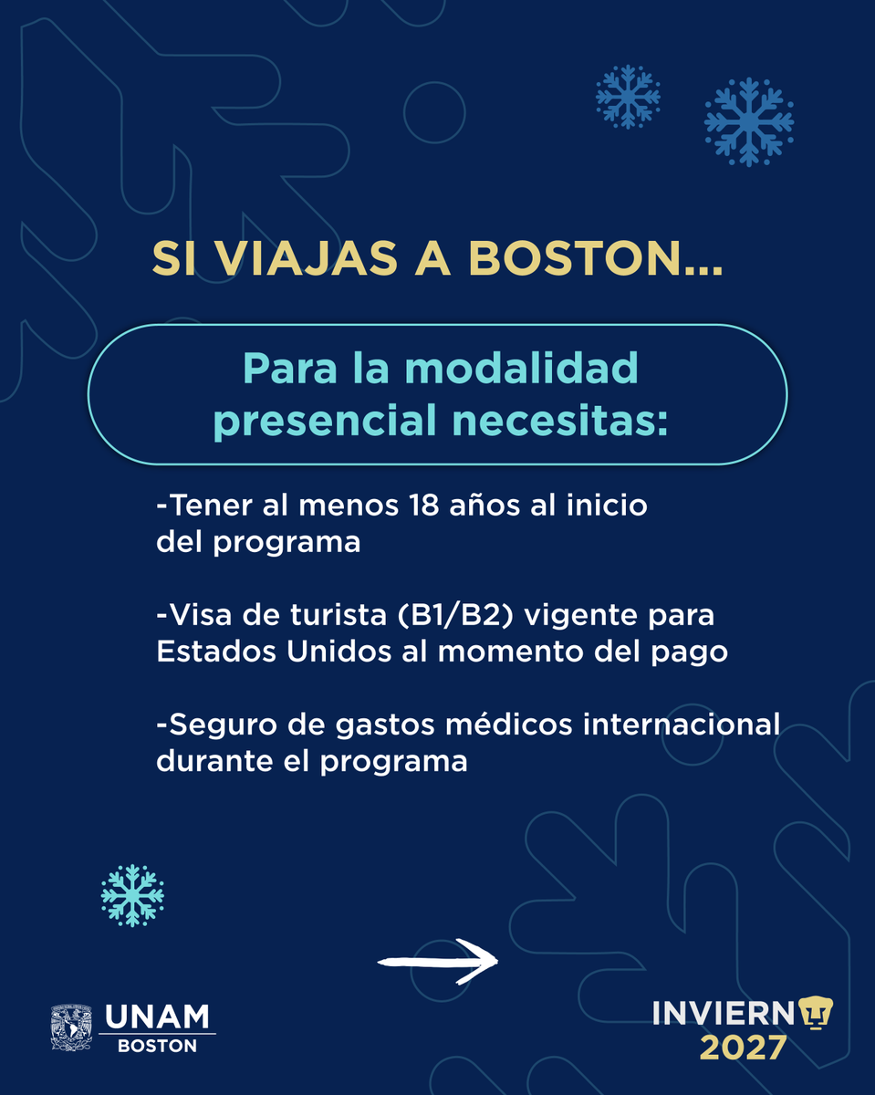 unamboston's tweet photo. Revisa los requisitos para participar en modalidad presencial o virtual y prepárate para dar el siguiente paso. ❄️🇺🇸
#InviernoPuma2027EnBoston  📅 11–28 de enero de 2027

✈️ Convocatoria: https://t.co/BdKLVlryal
🏂 Pre-registro: https://t.co/NmBYYi0LyK https://t.co/mTyjaHBq6M