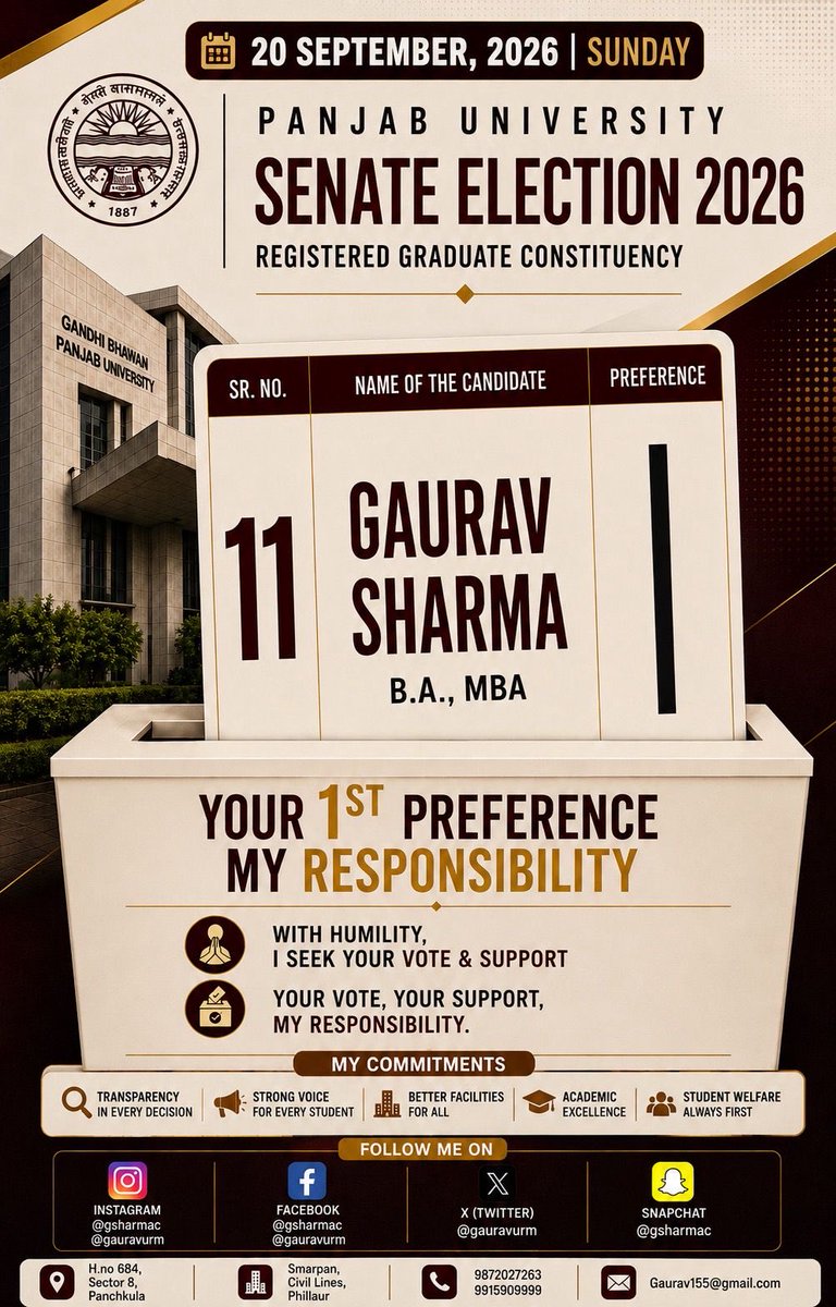 Gauravurm's tweet photo. A choice for change. A commitment to serve.

As I seek your support in the Panjab University Senate Election 2026, my focus remains simple — to represent the voices, concerns and aspirations of our graduate community with honesty and responsibility.
🗳️ Gaurav Sharma | Sr. No. 11 https://t.co/7qJt6gwTnw