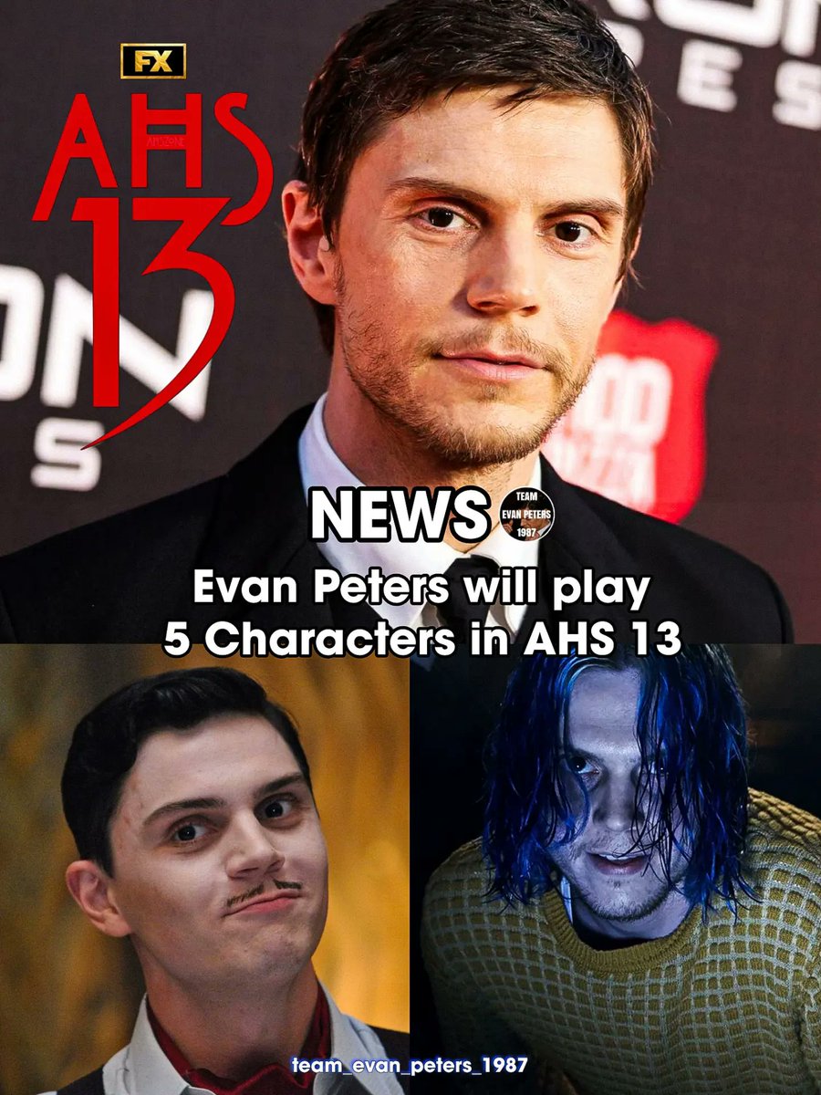 Mazhref's tweet photo. Evan Peters may play 5 characters in American Horror Story Season 13. James Patrick March, Kai Anderson, and Tate Langdon are confirmed. Which other two roles should return: Kit Walker, Jimmy Darling, or someone else? https://t.co/ySwa88Jqxu