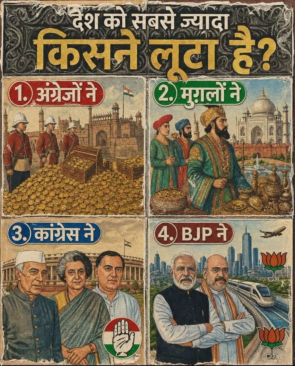 MathurSunn69674's tweet photo. आपके अनुसार भारत को सबसे ज्यादा किसने लूटा??? 
1. अंग्रेज 
2. मुगल 
3. कांग्रेस 
4. भाजपा
#cjp_प���र्टी #NarendraModi #flood #cjp
#RahulGandhi #AbhijitDipke #Nepal
#Sardar2 #GDPGrowth #Punjab #UP https://t.co/FyqlKUkrEl