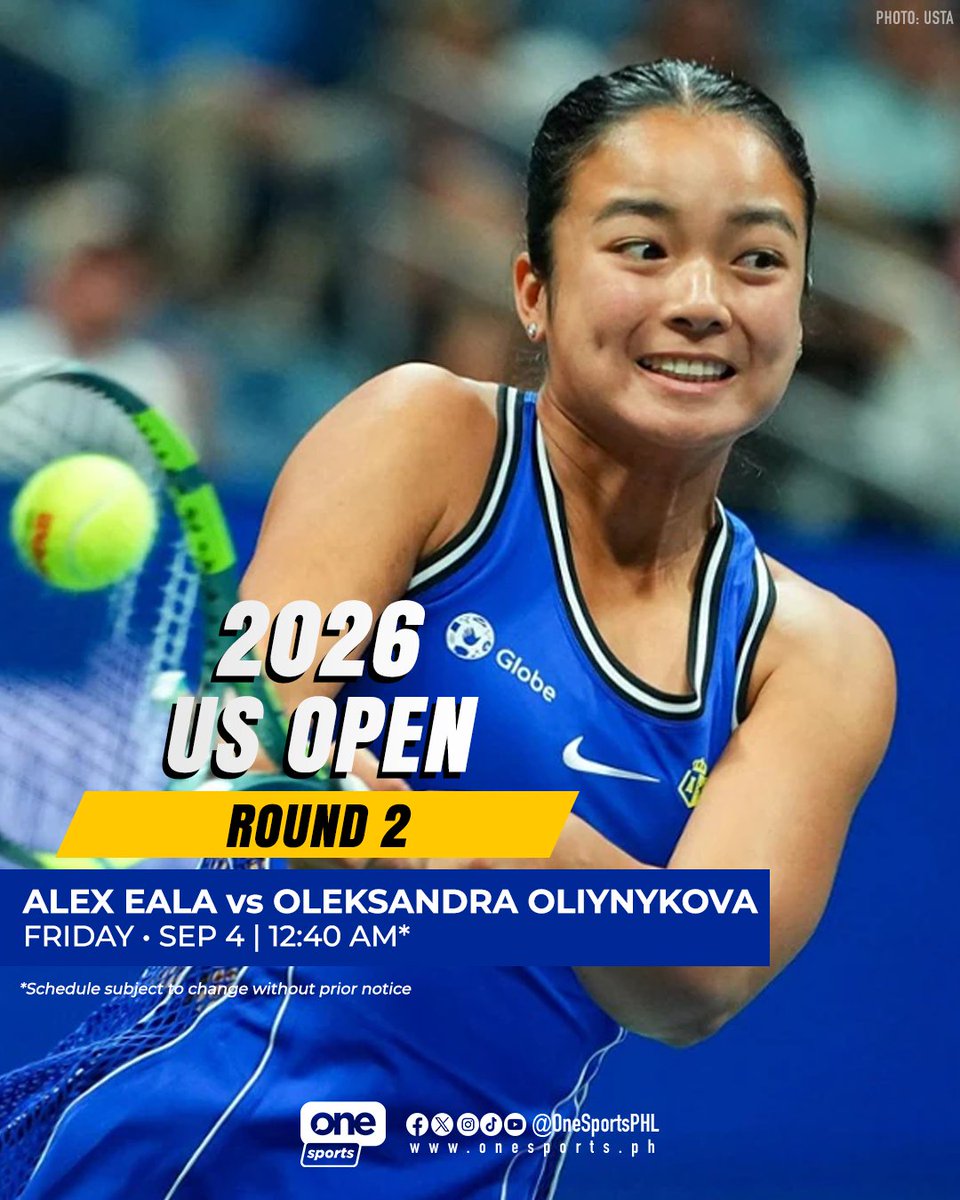 OneSportsPHL's tweet photo. RUN IT BACK, NYC 🗽🇵🇭

Filipina tennis ace Alex Eala continues her 2026 US Open singles campaign as she takes on a familiar foe in Ukraine’s Oleksandra Oliynykova in the second round on Friday midnight (Manila time).

Watch Alex Eala’s 2026 US Open campaign LIVE on SPOTV 2, available on Cignal CH 275 in HD and streaming on Cignal Play!

#WTA #AlexEala #USOpen