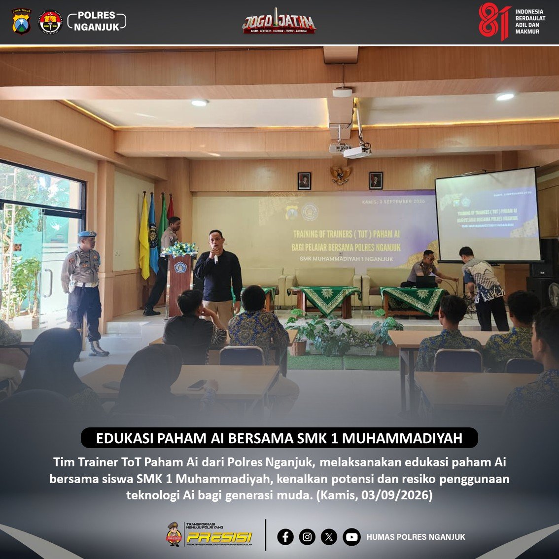 HumasPolresNga3's tweet photo. Pengenalan Potensi dan Resiko Penggunaan tehnologi Ai bagi generasi muda oleh tim trainer Paham Ai Polres Nganjuk bertempat di aula SMK 1 Muhammadiyah Nganjuk.
#pahamAi
#PolresNganjuk
#LiterasiDigital
#sdmpoldajatim
#humasPolresnganjuk https://t.co/xH2HF7jXIH