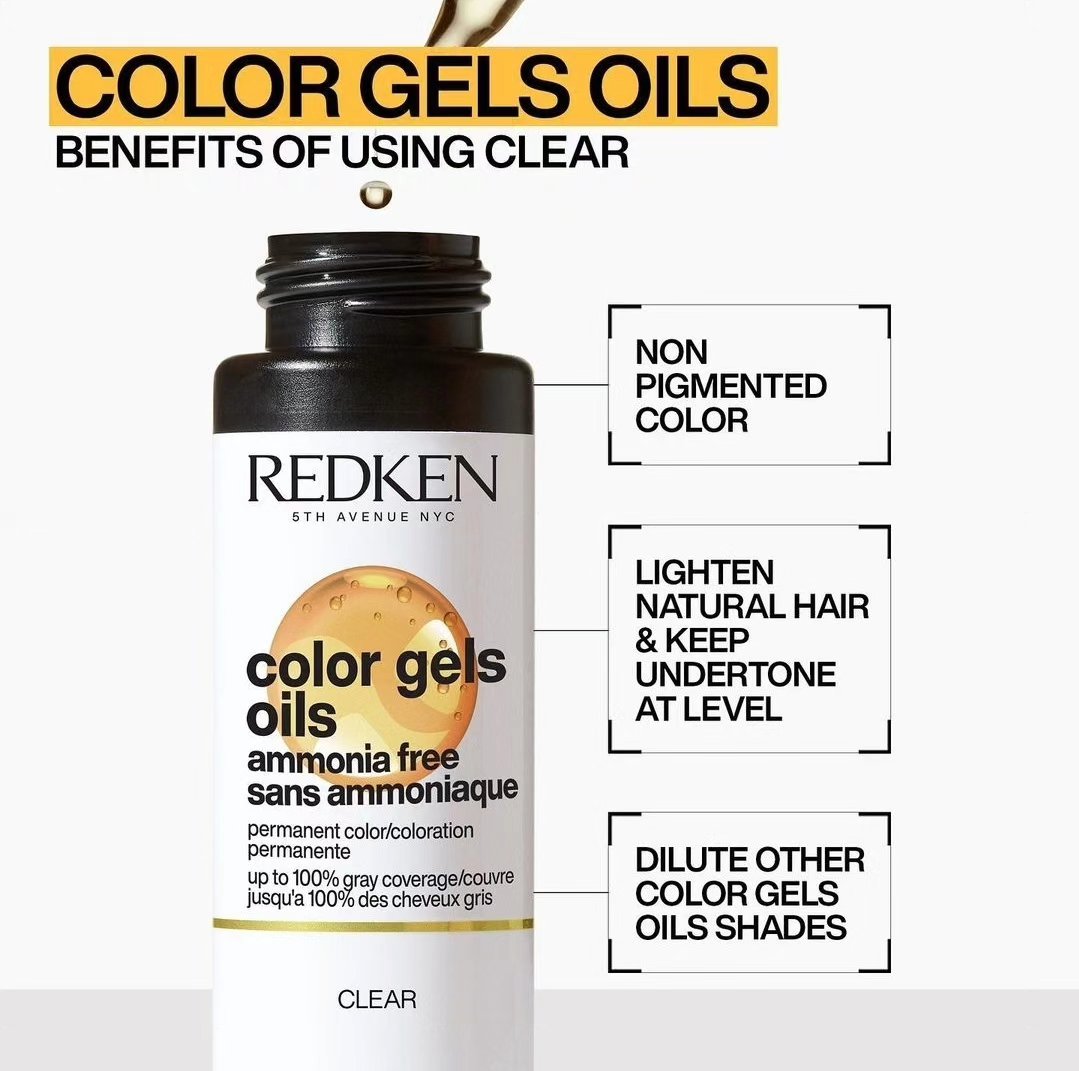 BessReichemej's tweet photo. Color Gels Oils CLEAR is permanent color with no level or tone. It lifts natural hair and can soften tone intensity when mixed with other shades. Start with 25% CLEAR for less than 50% gray. It may reduce saturation and gray coverage. https://t.co/TpR557Aci5