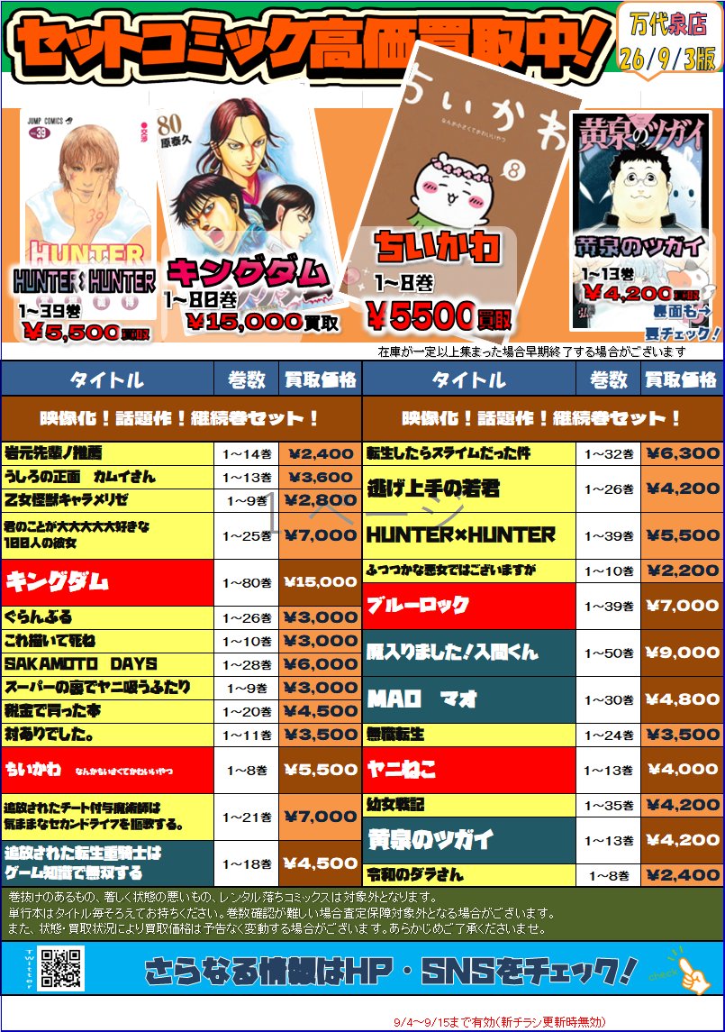 izumi_comic's tweet photo. こんにちは～
9月のセットコミック高価買取情報のお知らせ！！

夏アニメもクライマックスということで秋アニメの足音を聞きつつの更新です
またセットではありませんがジャードゥーガルなど単巻高価買取中のタイトルも！
是非一度お持ち込みください！

#万代で遊ぶ買う #万代仙台泉店 #いずまん https://t.co/ZbMGg0qwdG