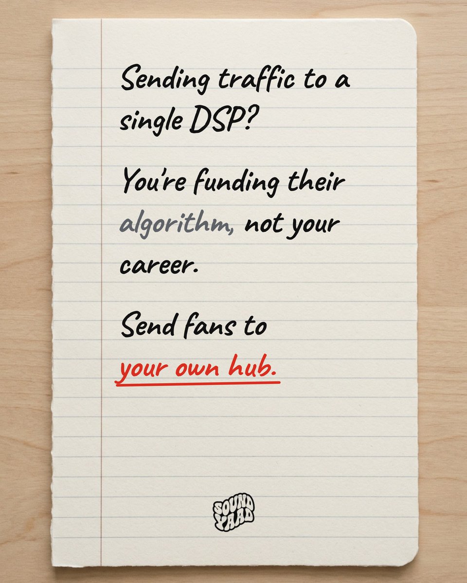 soundyaad's tweet photo. Sending paid ad traffic directly to a single streaming platform?
You're funding their algorithm, not your career.
๐ Route fans properly at https://t.co/sRY1ml0PIK
#Soundyaad #MusicMarketing #DigitalAds #SmartLinks #IndependentMusician https://t.co/9SkzujvsPm