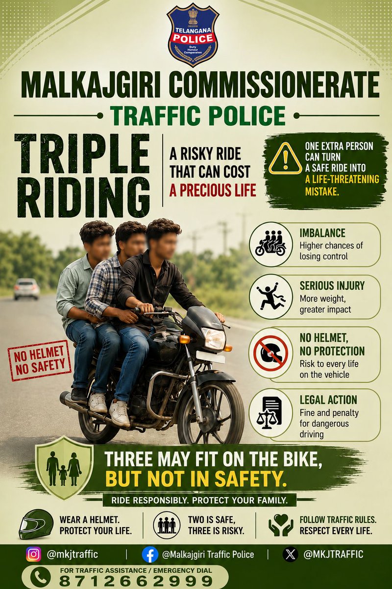 MKJTRAFFIC's tweet photo. 🚫 Triple Riding = Triple the Risk!
Three on a two-wheeler leaves little room for safety. Ride within the limit, wear your helmet, and reach your destination safely. 

#NoTripleRiding #RoadSafety #TrafficAwareness #SafeRide #WearHelmet #TrafficRules #DriveSafe #RoadSafetyMatters https://t.co/9sH9deGRsi