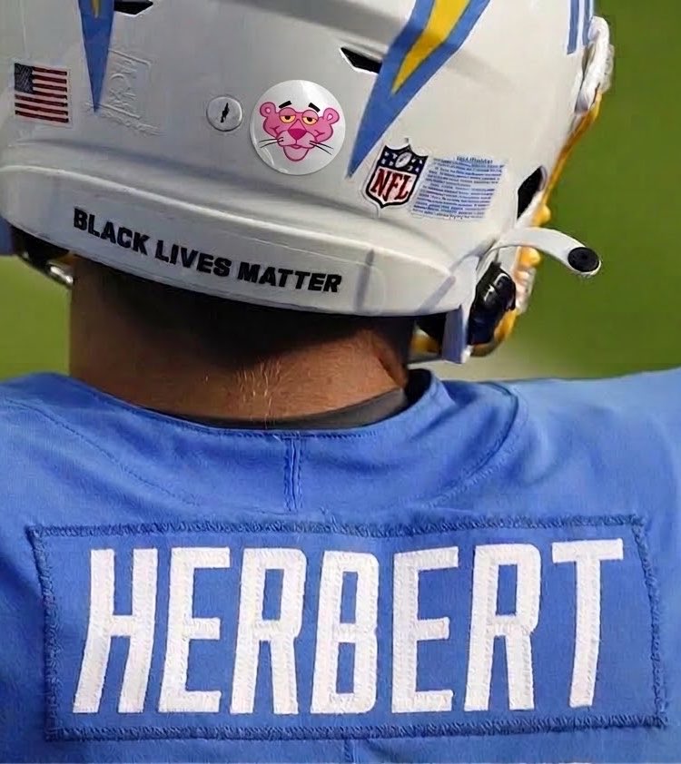 bolt_jv's tweet photo. HEARTWARMING❤️: This season the Los Angeles #Chargers will be wearing a sticker on the back of each helmet honoring late fan, pinkpanther4056. When asked about what it meant to wear the sticker, Justin Herbert said this: “I don’t know what that is” https://t.co/mu5C6akr9l