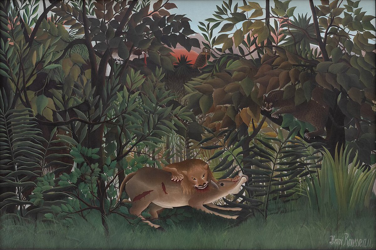 RhenishHelm's tweet photo. Henri Rousseau, who died on this day in 1910, is my favourite amateur artist. He taught himself to paint when he was in his 40s, and while his depictions of people were less than stellar, no other artist has produced such varied and tactile foliage. Lots of pretty leaves. https://t.co/kc60RgC3FW