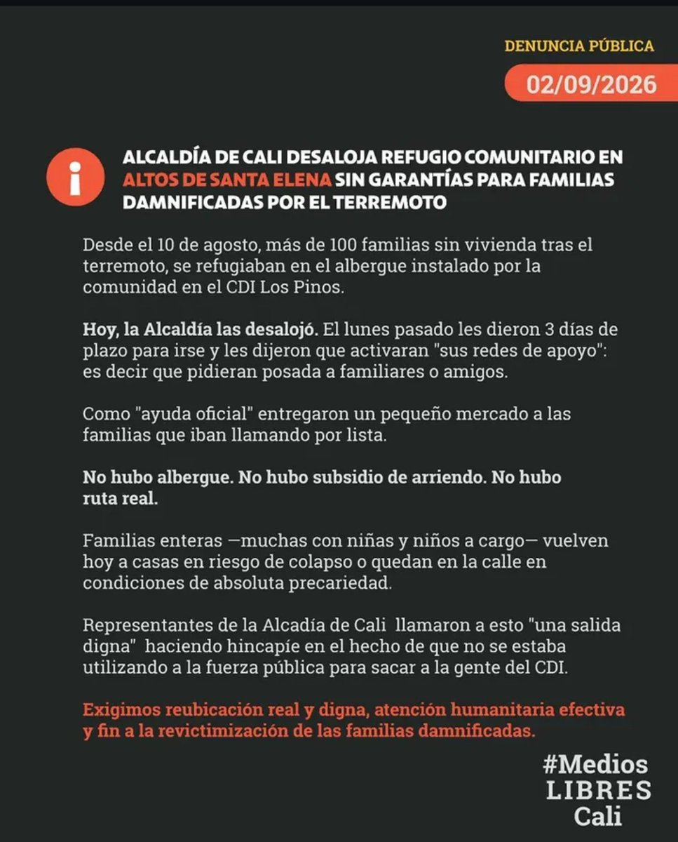 JENN_PCO's tweet photo. La @AlcaldiaDeCali desalojó a los damnificados por el terremoto en Altos de Santa Elena.
@alejoeder vos sos tremendo Hpta!
Dicen que ofrecen una "salida digna", es decir, que no les mandan el Esmad. 

Escuchen el testimonio

https://t.co/qa2KL8SlPW https://t.co/XvZ1qxBbIF
