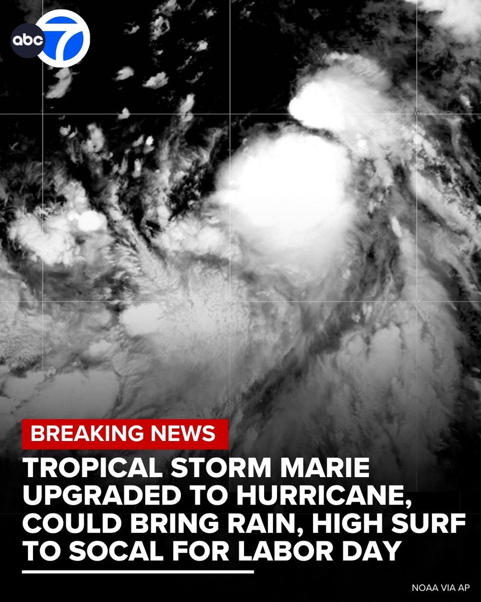 ABC7's tweet photo. Tropical Storm Marie was upgraded to a hurricane Wednesday, and it could impact Southern California's weather for Labor Day weekend. https://t.co/Cs0ZWcCfI9 https://t.co/W9wAnEhmwO