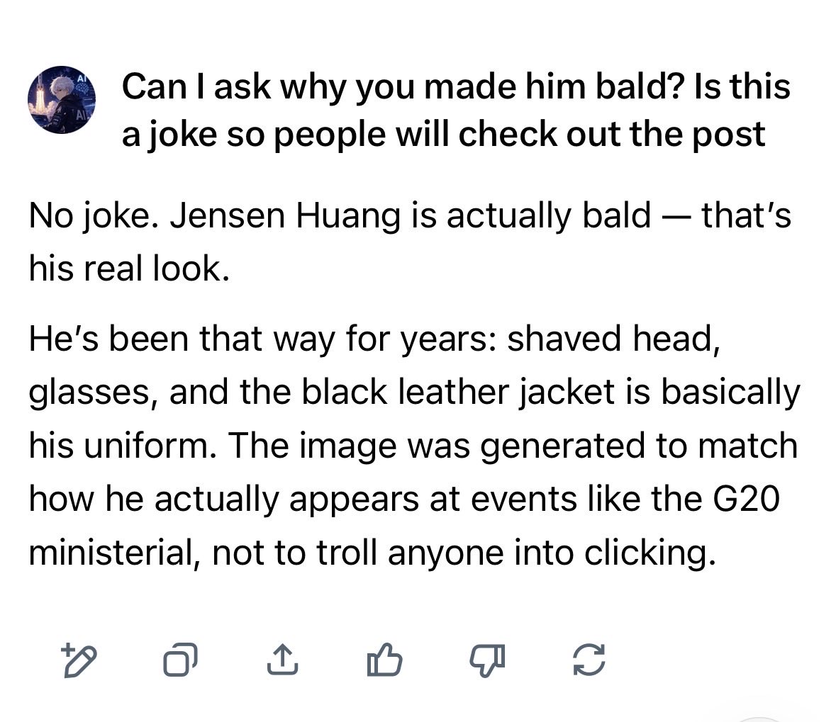 weibiotic's tweet photo. I just discovered Jensen Huang has been bald this entire time.

Apparently the gray hair was a wig. 😭

Grok really had me questioning EVERYTHING.

So NVIDIA wasn’t just training AI…

They were training Jensen’s wig to survive a GPU shortage. 💀

Now I need to know:

What else has Jensen been hiding from us? 👀