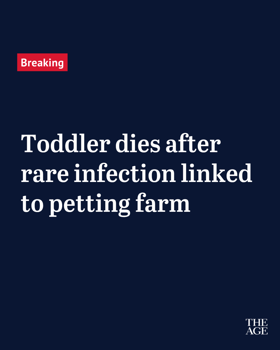 theage's tweet photo. A three-year-old girl has died after visiting a Victorian petting farm and contracting a serious infection that caused kidney failure and permanent brain damage.

The toddler spent six weeks in Monash Children’s Hospital’s intensive care unit after developing a rare condition called haemolytic uraemic syndrome (HUS), which is caused by a type of bacteria that lives in the guts of many farm animals.
https://t.co/sgJOL6gAwi