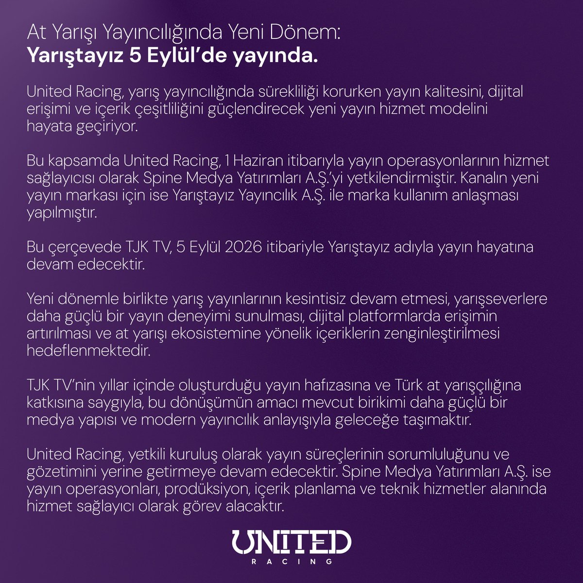 UNTDRacing's tweet photo. At Yarışı Yayıncılığında Yeni Dönem:

Yarıştayız 5 Eylül'de yayında. https://t.co/QWYmS9YYLz