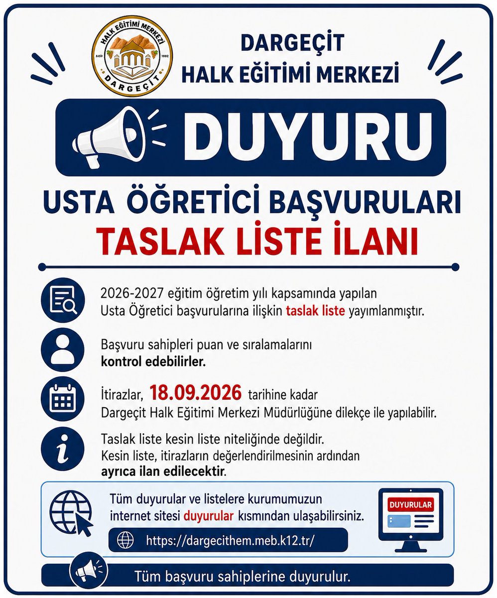 DargecitE's tweet photo. Usta Öğretici başvurularına ilişkin taslak liste yayımlanmıştır. Başvuru sahipleri puan ve sıralamalarını kontrol edebilir.
İtirazlar 18.09.2026 tarihine kadar Müdürlüğümüze dilekçe ile yapılabilir
Kesin liste, itirazların değerlendirilmesinin ardından ayrıca ilan edilecektir. https://t.co/ggrqjOeIB7