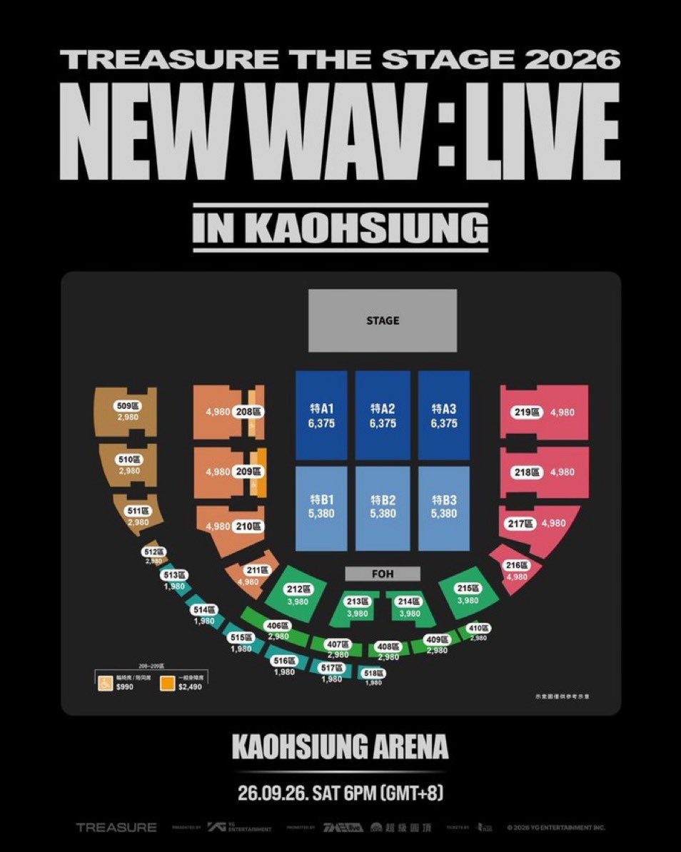 TicketflashAsia's tweet photo. 🪧 TREASURE THE STAGE 2026
「NEW WAV : LIVE IN KAOHSIUNG」🇹🇼💎

TREASURE 대만 가오슝 콘서트 🔥
대만 콘서트 티켓팅 대행 및 예매 접수 중!

📅 2026년 9월 26일(토) 18:00
📍 가오슝 아레나（高雄巨蛋）

🎟️ 전석 지정석
★ 특A구역 $6,375
　사운드체크 & 스페셜 굿즈 대상
★ ��정석 $5,380 / $4,980 / $3,380 / $2,980 / $1,980

⚡ 팬클럽 선예매・일반예매 모두 대응
🔥 특A구역부터 일반석까지 티켓팅 상담 가능!

🇰🇷 한국에서 대만 가오슝으로 원정 가시는 TREASURE MAKER분들도 DM 주세요✈️🇹🇼

📩 원하시는 【좌석・티켓 수량・예산】을 DM으로 문의해주세요.

⚠️ 높은 경쟁률이 예상되는 공연이므로 티켓 확보를 원하시는 분들은 빠르게 문의해주세요.

#TREASURE #트레저 #TREASUREMAKER #트메 #NEWWAV #TREASURENEW_WAV #트레저콘서트 #트레저대만 #트레저가오슝 #가오슝콘서트 #대만콘서트 #대만공연 #대만티켓 #티켓팅 #티켓대행 #대리티켓팅 #해외티켓팅 #콘서트티켓 #가오슝아레나 #高雄巨蛋 #대만원정 #해외콘서트