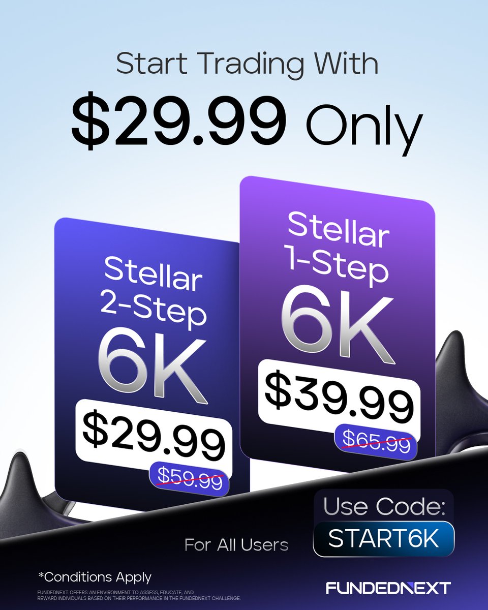 Incase_Missed's tweet photo. DISCOUNT IS HERE HURRY BEFORE IT ENDS
Begin your Stellar journey with FundedNext for less. 
Get Stellar 2-Step 6K challenge at $29.99, Stellar 1-Step 6K challenge at $39.99. 
FOLLOW THE LINK: https://t.co/euFf6MDuGP &amp; Use Code: START6K at checkout.
Available for all users. 👇 https://t.co/a12nIDcf8c