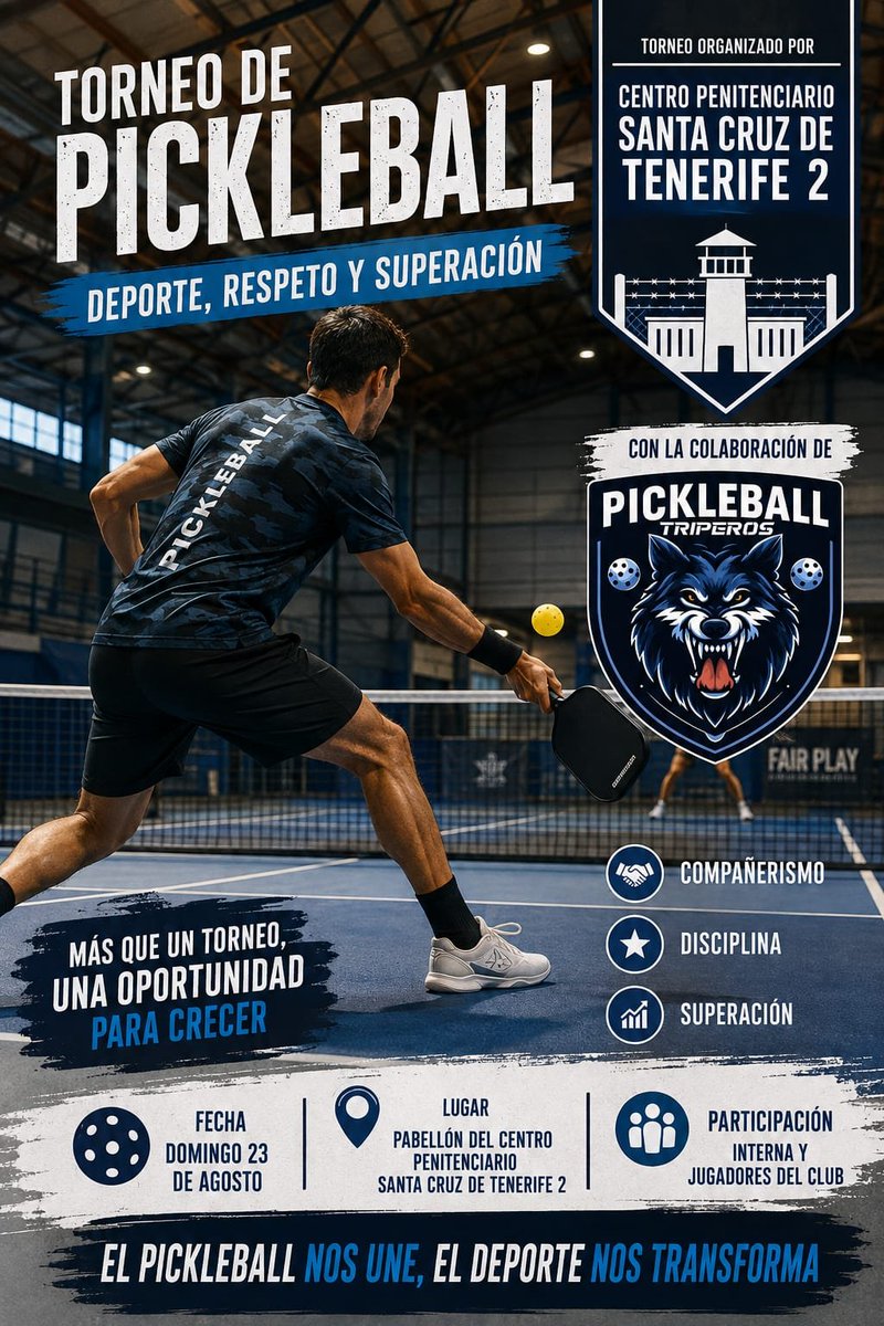 IIPPGob's tweet photo. Hay redes que derriban muros. 🏓🧱

El Centro Penitenciario de Tenerife 🏝️ acogió el I Torneo Open de Pickleball 🏆 junto al club @TriperosE. 👏

Reinserción punto a punto: deporte, convivencia y segundas oportunidades. 🤝

#Pickleball #Tenerife #TriperosDeEuropa https://t.co/X5korCZ4vh