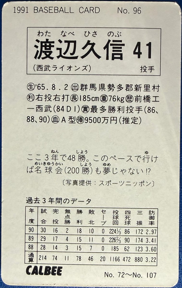 calbee1973oji's tweet photo. 1991 No.96
渡辺久信(西武)

#プロ野球チップス https://t.co/XZsrMgQD93