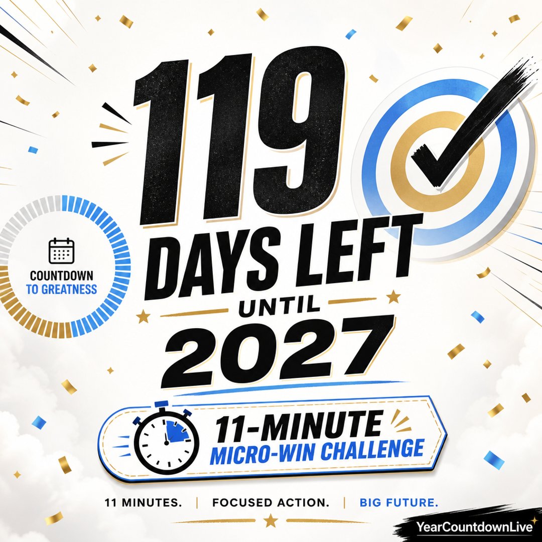 GlobalYearLive's tweet photo. 119 days until 2027. 🚀 Your challenge: finish one tiny goal in 11 minutes today. What’s your micro-win? #YearCountdownLive #NewYearCountdown https://t.co/YCMDfhxBTB