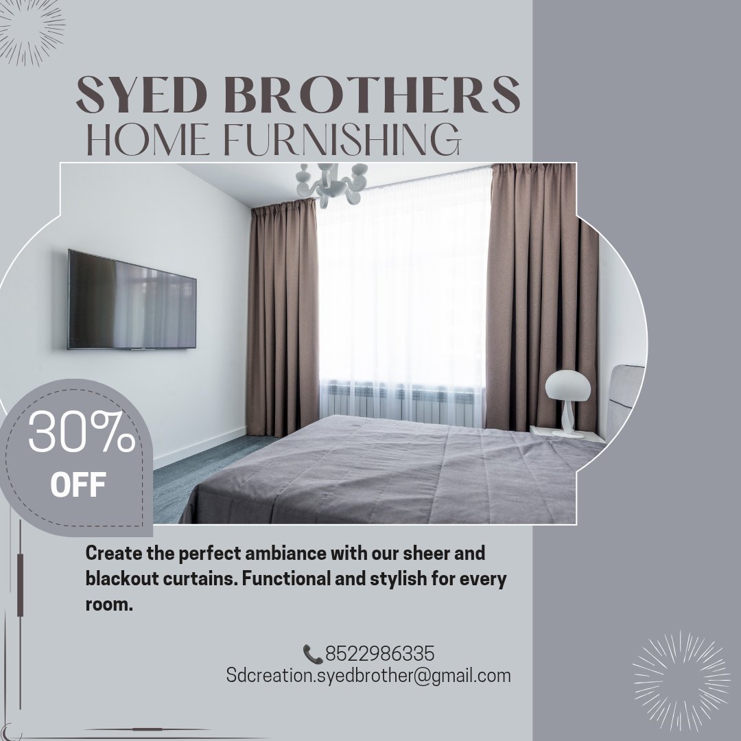 sdcreationhf's tweet photo. Elevating every room with timeless luxury.

Get 30% OFF premium Sheer &amp; Blackout Curtains from Syed Brothers Home Furnishing! Custom-tailored to fit your windows flawlessly. 🪟💯

📍 Chandrayangutta, Hyderabad
📞 WhatsApp: 8522986335

#HomeDecor #Hyderabad #InteriorDesign https://t.co/o66GZiQLFi