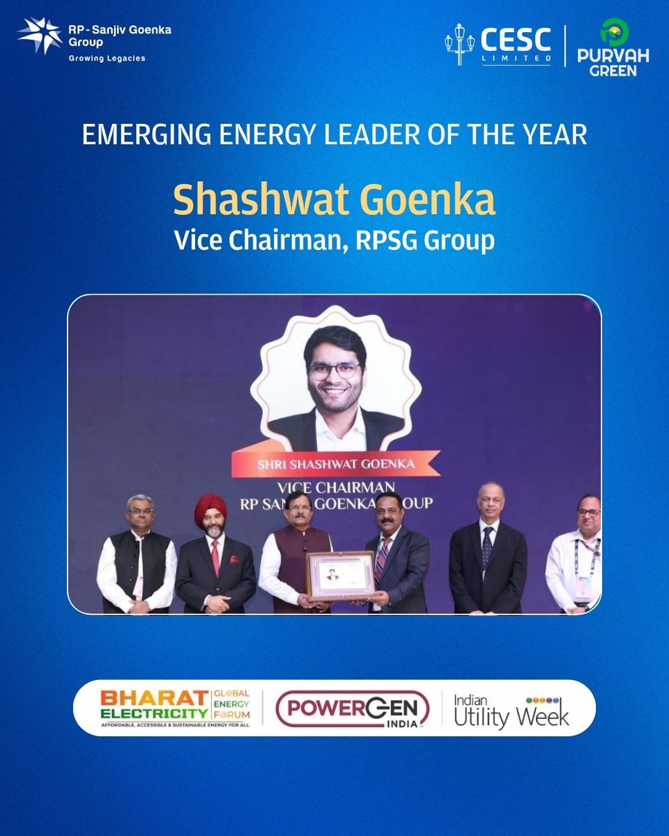 rpsggroup's tweet photo. A milestone in our journey to contribute to shaping India’s energy future.

@shashwatgoenka, Vice Chairman, RPSG Group, was recognised as Emerging Energy Leader of the Year at the Industry Excellence Awards 2026, held during @Bharat_Elec, @PowerGenIndia and @IndianUtilityWk.

We are also honoured to be named Emerging Energy Enterprise of the Year, with @CESCLimited and Purvah Green, reflecting our commitment to innovation, responsible growth and building capabilities for India’s evolving energy landscape.

#CESC #PurvahGreen #BharatElectricity2026 #Recognition #EnergySector #RenewableEnergy #Sustainability #RPSGGroup #GrowingLegacies