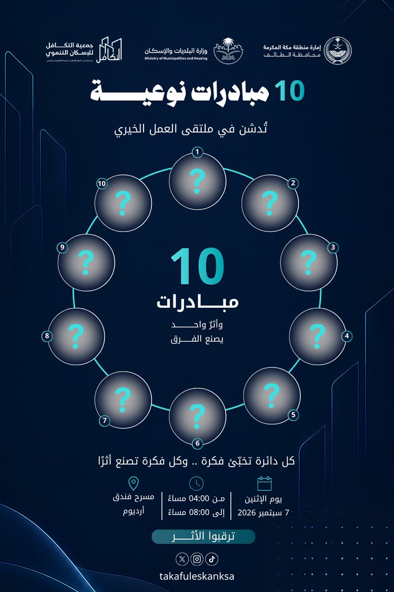 takafuleskanksa's tweet photo. نلتقي لنكشف الستار عن 10 مبادرات نوعية تُدشّن رسميًا في ملتقى العمل الخيري ⏳✨

كل دائرة تخبّئ فكرة.. وكل فكرة تصنع أثرًا مجتمعيًا مستدامًا 💡

كونوا على قيد الحدث.. وشاركونا دهشة العطاء 🌟🤝

#ملتقى_العمل_الخيري https://t.co/KS7fa8ozqP