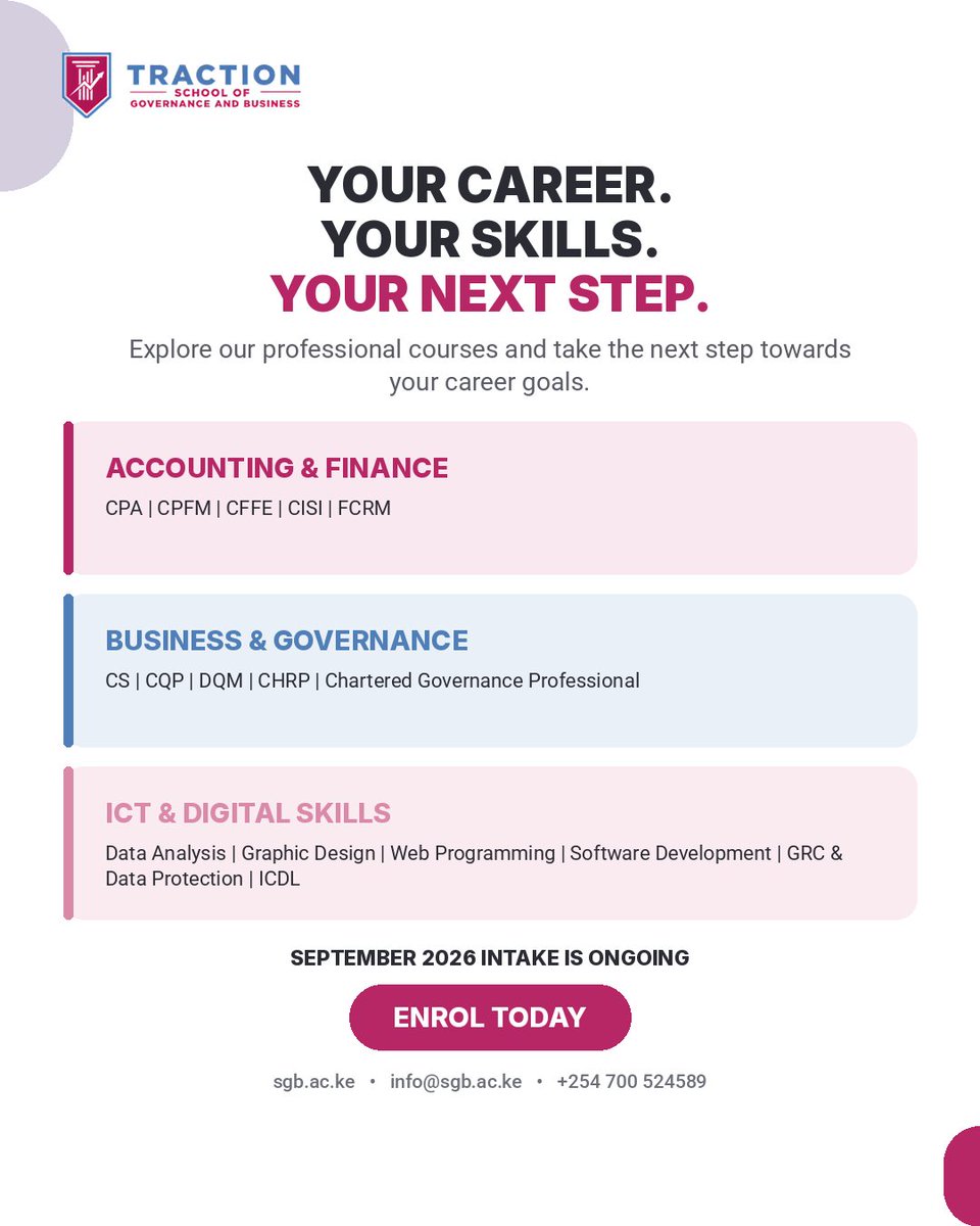 Traction_sgb's tweet photo. Your career. Your skills. Your next step. Applications for the TSGB September 2026 Intake are open now across Accounting & Finance, Business & Governance, and ICT & Digital Skills.
Enrol today โhttps://t.co/aglrh4jlHp
#TSGB #SeptemberIntake #EnrolNow https://t.co/LSZnwIinsP