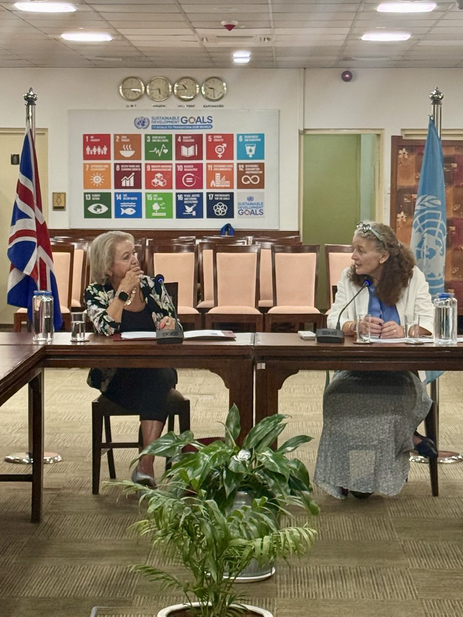 UKinNepal's tweet photo. Strong partnerships matter in times of crisis. Baroness Winterton met the @UN_Nepal Resident Coordinator &amp; UN agencies supporting 🇳🇵flood response. 
🇬🇧 is working through trusted UN partners to help people affected by the disaster, with up to £3 million of our £5 million support. https://t.co/2h9xxFzSQy