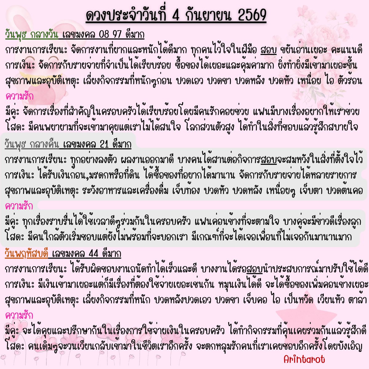 arintarot's tweet photo. 🐰ดวงประจำวันที่ 4 กันยายน 2569🐰
#ดูดวง #ดูดวงไพ่ยิปซี​ ​​ #ดวงประจำวัน​ #สีมงคลประจำวัน   
#อรินทร์ไพ่ยิปซี​ Arintarot 🌸 https://t.co/UZtzMWsvAw