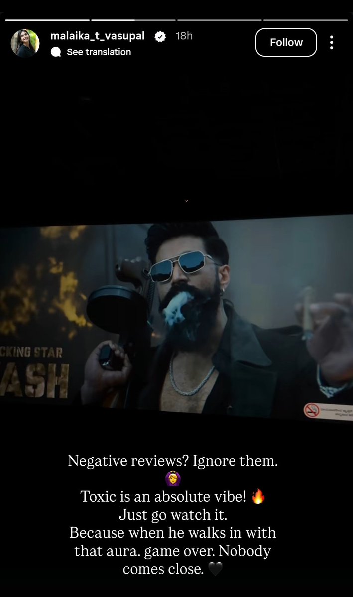 LoyalYashFan's tweet photo. Instagram story of Actress Malaika 😍🔥

#Yash | #ToxicTheMovie https://t.co/7jfNWR5btG