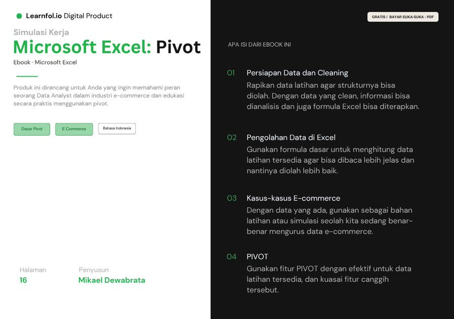MikaelDewabrata's tweet photo. Kalau kemarin saya kasih panduan Excel, ini adalah ebook untuk latihannya, dengan kekhususan latihan Pivot. 

Coba download saja buat latihan karena saya kasih dataset buat belajarnya juga.

Link: https://t.co/bZpyhYxsBo https://t.co/OUQUbwezP9