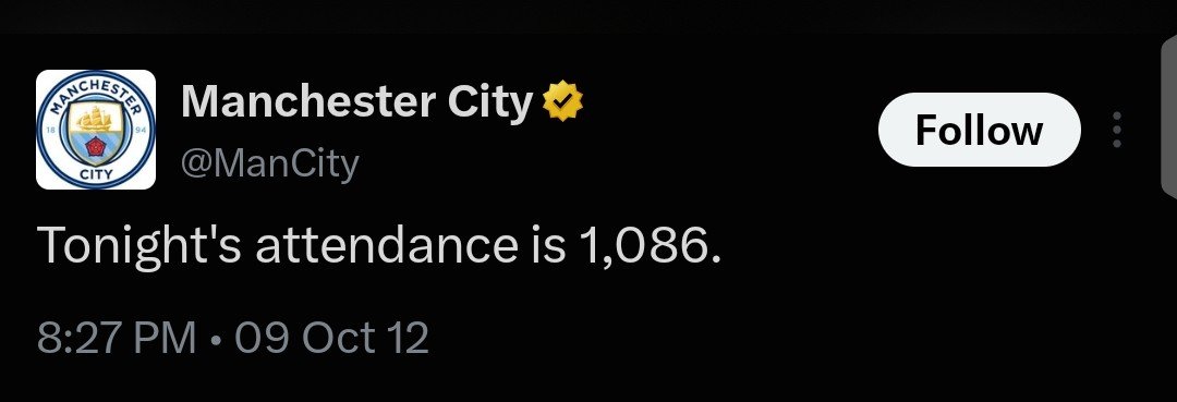 Dat_boy_nino's tweet photo. While Chelsea were winning the UCL against Bayern Munich in their own backyard in 2012, Man City were busy announcing their match attendance of 1,086.

That’s the club I should be arguing with about who’s bigger as a Chelsea fan? 😭

I’ll pass, pls. 🤣🤣 https://t.co/IY6sMMYYJ2