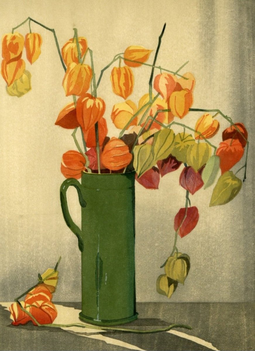 ahistoryinart's tweet photo. 'Japanese Lanterns.' (1930)  During the interwar years, Eric Slater borrowed motifs from the Ukiyo-e masters of woodblock printing Hokusai and Hiroshige, and finessed them for his own means; the final flowering of a tradition of British printmaking until a revival in the 1980s. https://t.co/ljfFEXJTM1