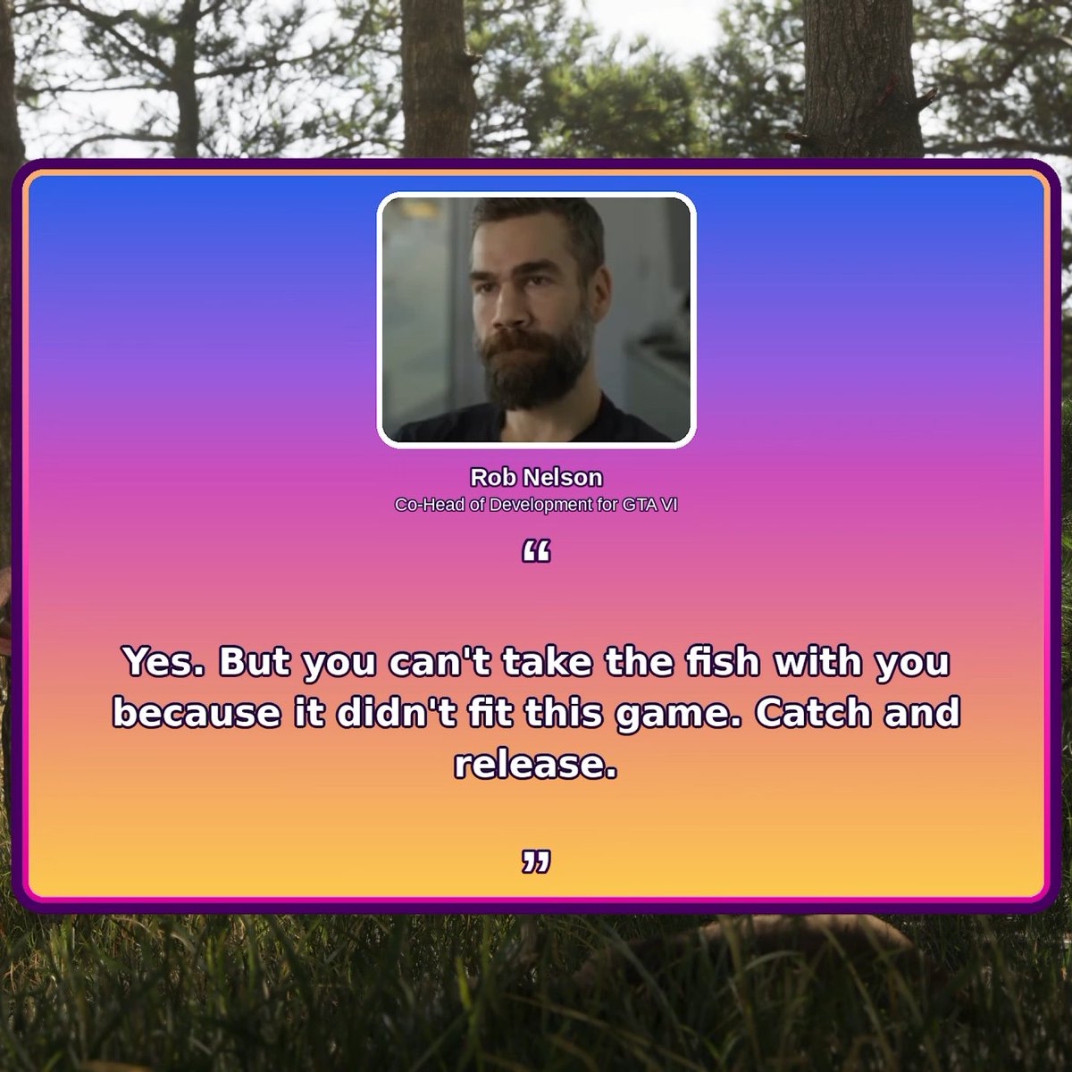 TexFunz2's tweet photo. Fishing in #GTAVI will be catch-and-release, as stated by Rob Nelson, Head of Development at Rockstar North, in @TGGonYT interview.

https://t.co/UIjjhDj7I3 https://t.co/cUkJAXH0T8