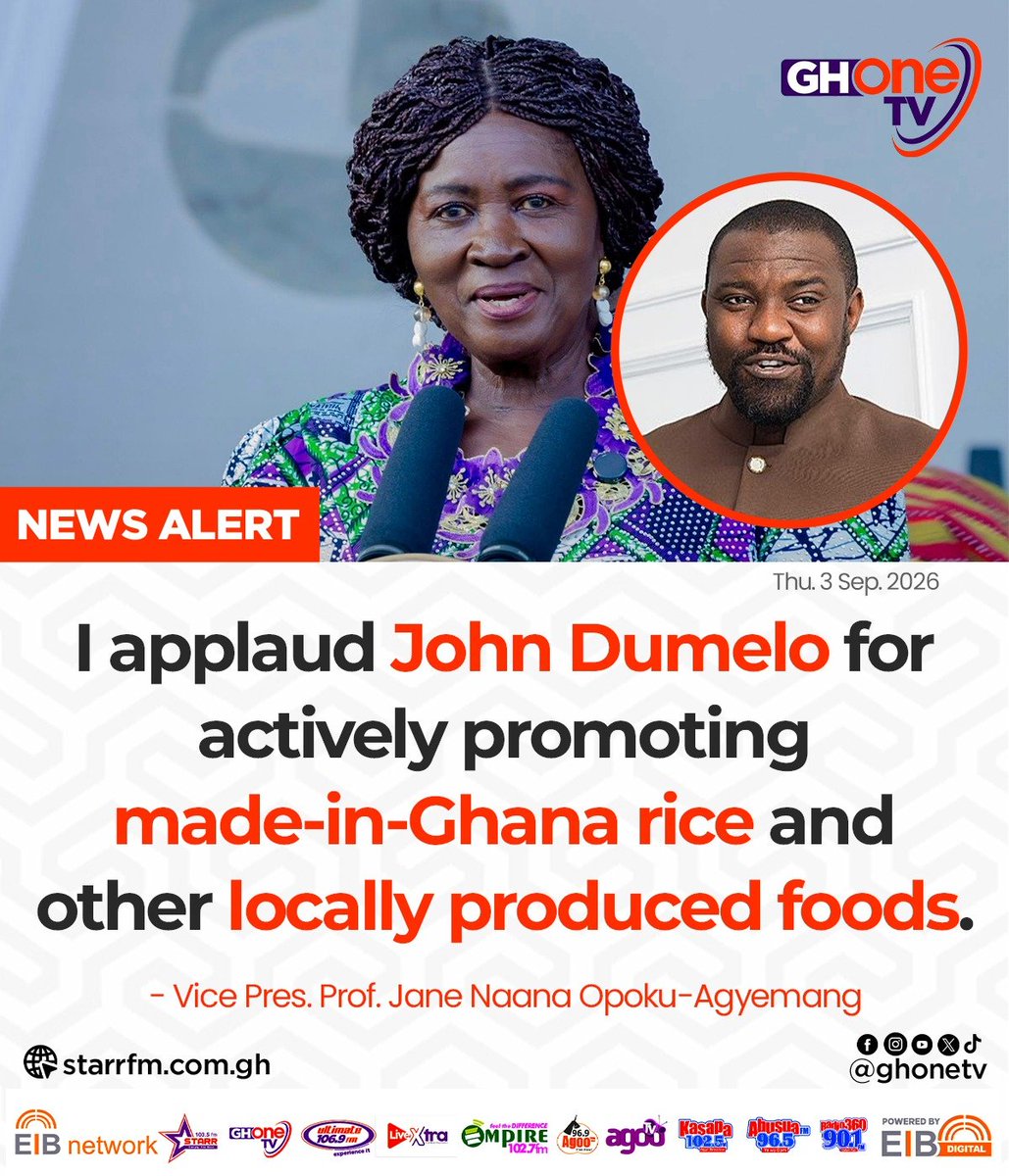 ghonetv's tweet photo. I applaud John Dumelo for actively promoting made-in-Ghana rice and other locally produced foods... - Vice Pres. Prof. Jane Naana Opoku-Agyemang

#EIBNetwork #GHOneTV 
#GHOneNews #NewsAlert https://t.co/8wj5XMoJm3